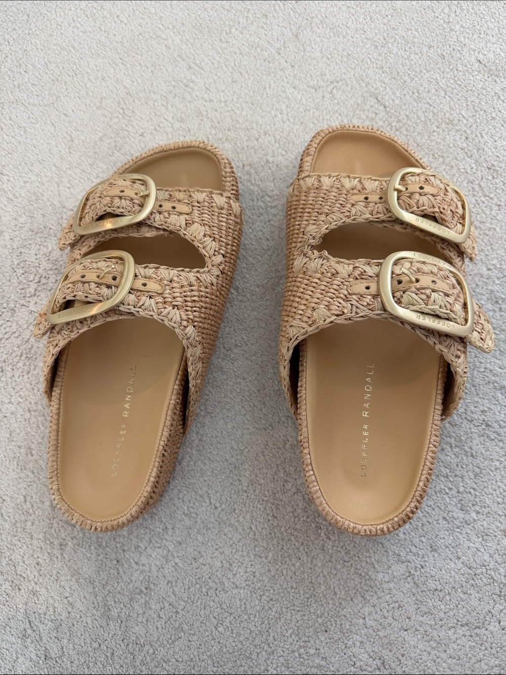Loeffler Randall Theo Tan Woven Double-Buckle Slide Sandals